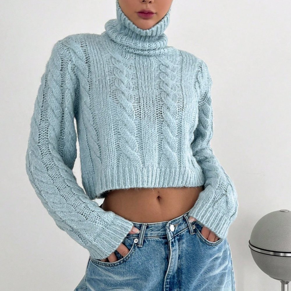 Casual Turtleneck Cable Knit Turtleneck Crop Sweater Blue - Picture 6 of 7